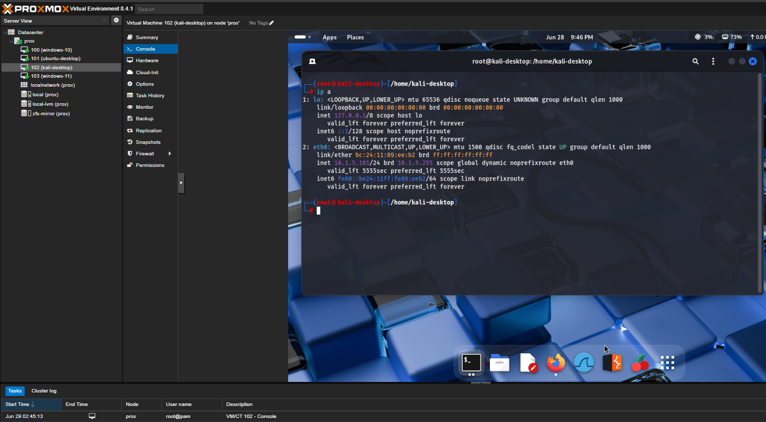 Kali on proxmox now having internet